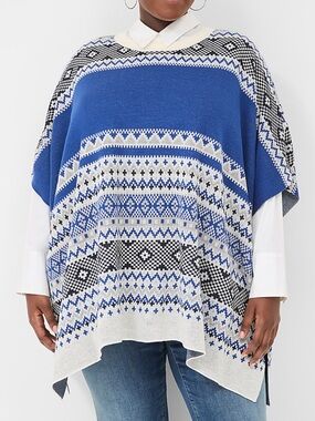 Lane Bryant Fair Isle Poncho Sweater 18/20 Blue White Dolman Tunic Plus Size